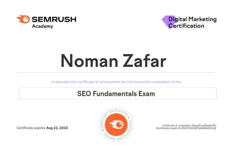 SEO Fundamentals earned by Noman Zafar