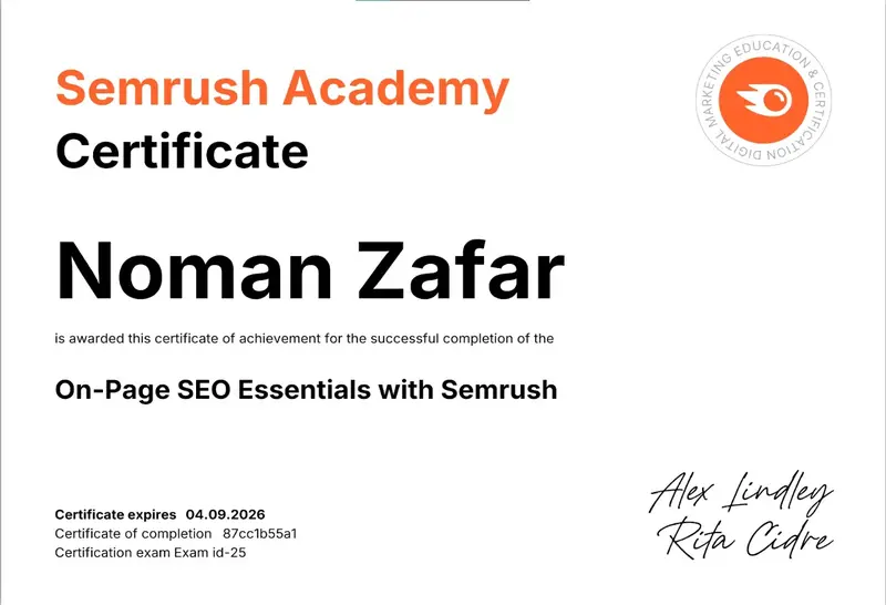 Onpage SEO Essentials earned by Noman Zafar