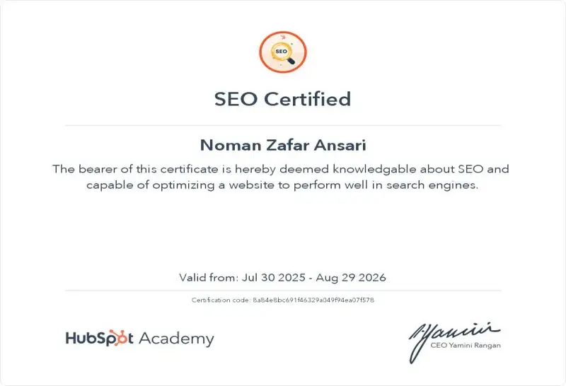 SEO Certified earned by Noman Zafar